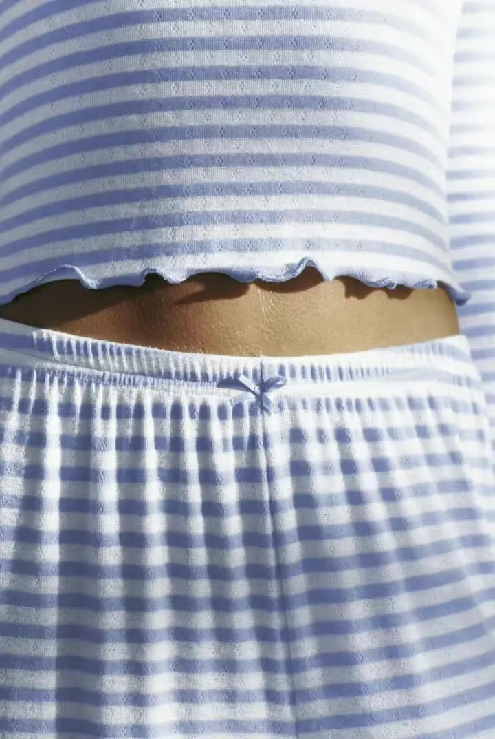 The Ribbed Crop Long Sleeve Pajama Set – Blue Stripe