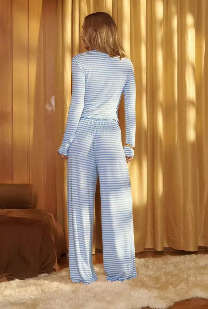 The Ribbed Crop Long Sleeve Pajama Set – Blue Stripe