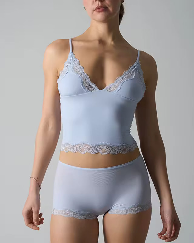 Trim Top and Shorts Triangle Neckline Blue