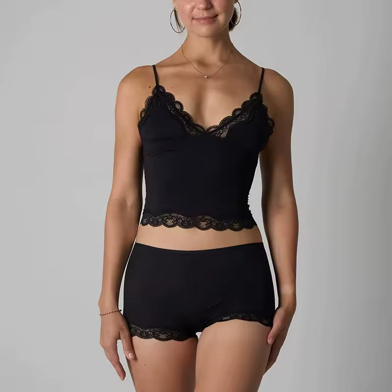 Trim Top and Shorts Triangle Neckline Black