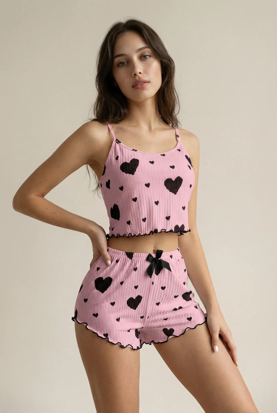 100% Cotton - Ribbed cami pajama set - Pink with Black Hearts