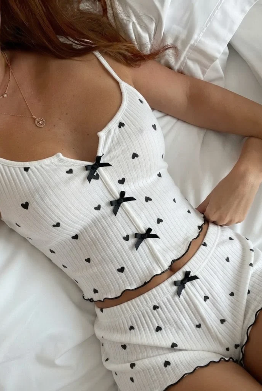 Ribbed Heart Print Bow Cami & Shorts Pajama Set – Vanilla White