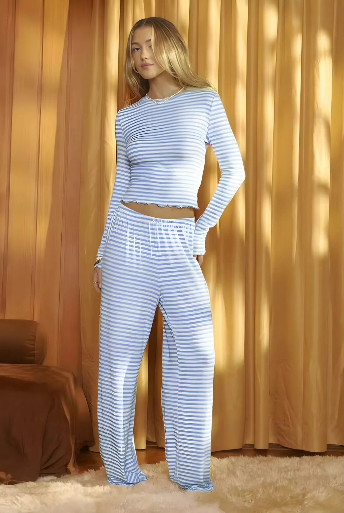The Ribbed Crop Long Sleeve Pajama Set – Blue Stripe