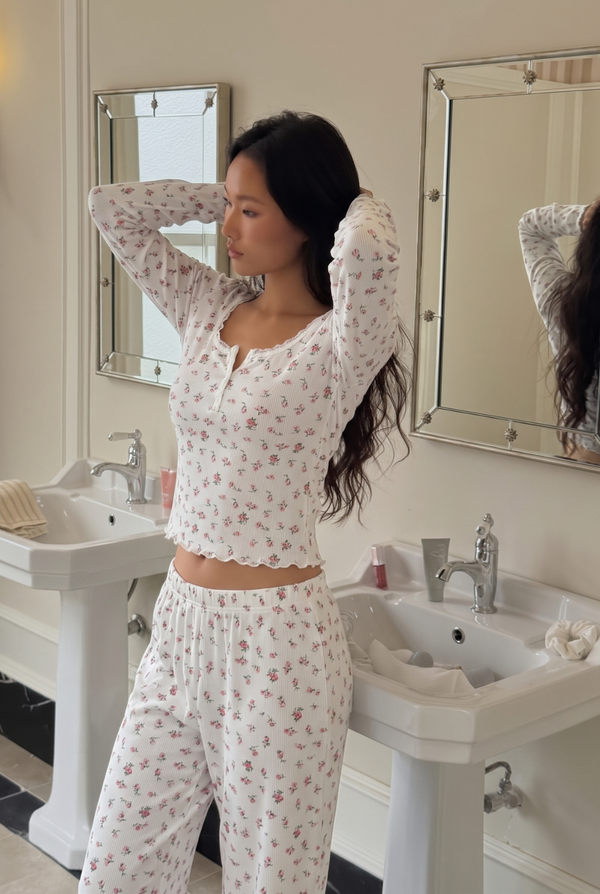 Floral Henley Waffle Long Sleeve & Pants Pajama Set – Rose Bloom