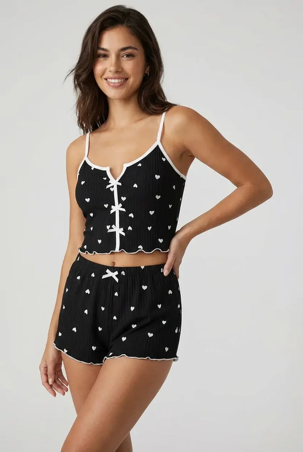 100% Cotton - Ribbed cami pajama set - Black with hearts