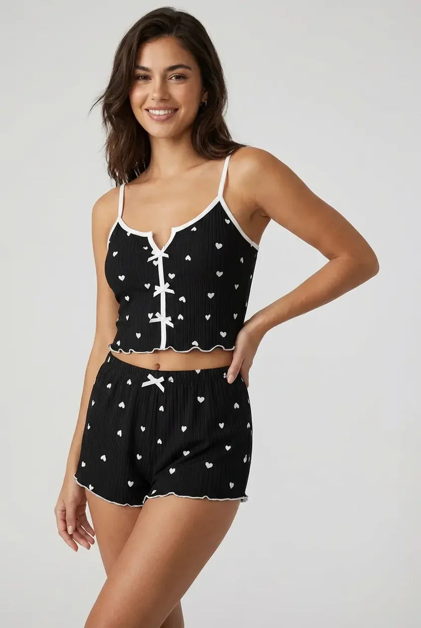 100% Cotton - Ribbed cami pajama set - Black with hearts