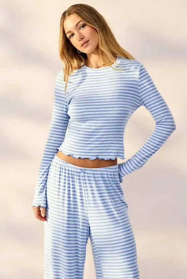 The Ribbed Crop Long Sleeve Pajama Set – Blue Stripe