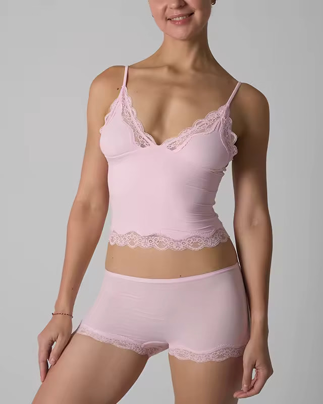 Trim Top and Shorts Triangle Neckline Pink