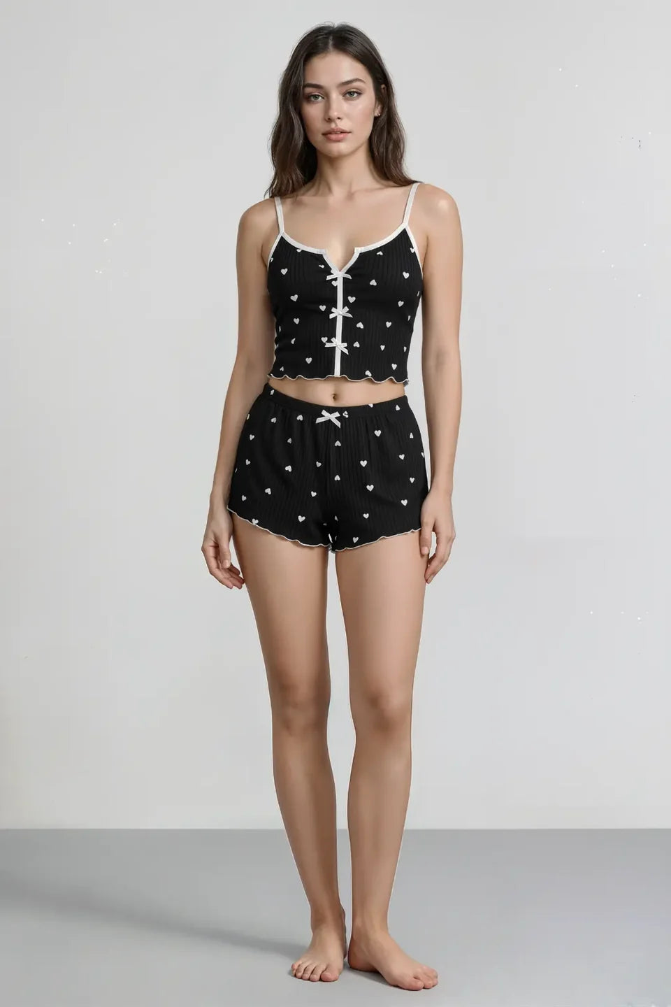 100% Cotton - Ribbed cami pajama set - Black with hearts